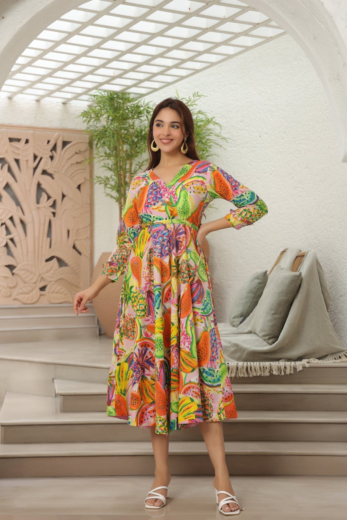 Printed Tie-Ups Detail Cotton Fit & Flared Midi Ethnic Dress