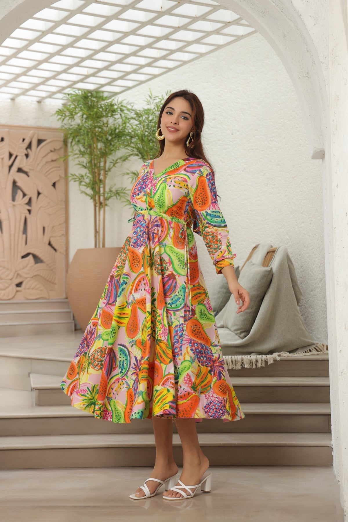 Printed Tie-Ups Detail Cotton Fit & Flared Midi Ethnic Dress