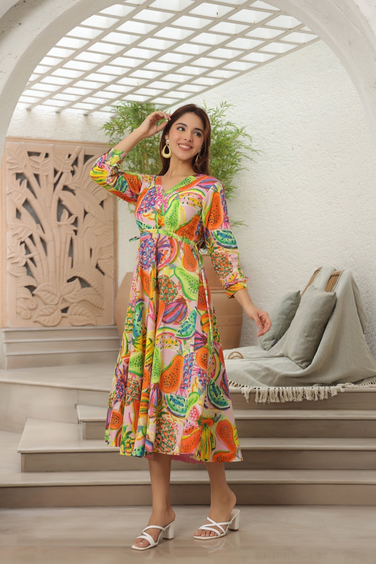 Printed Tie-Ups Detail Cotton Fit & Flared Midi Ethnic Dress