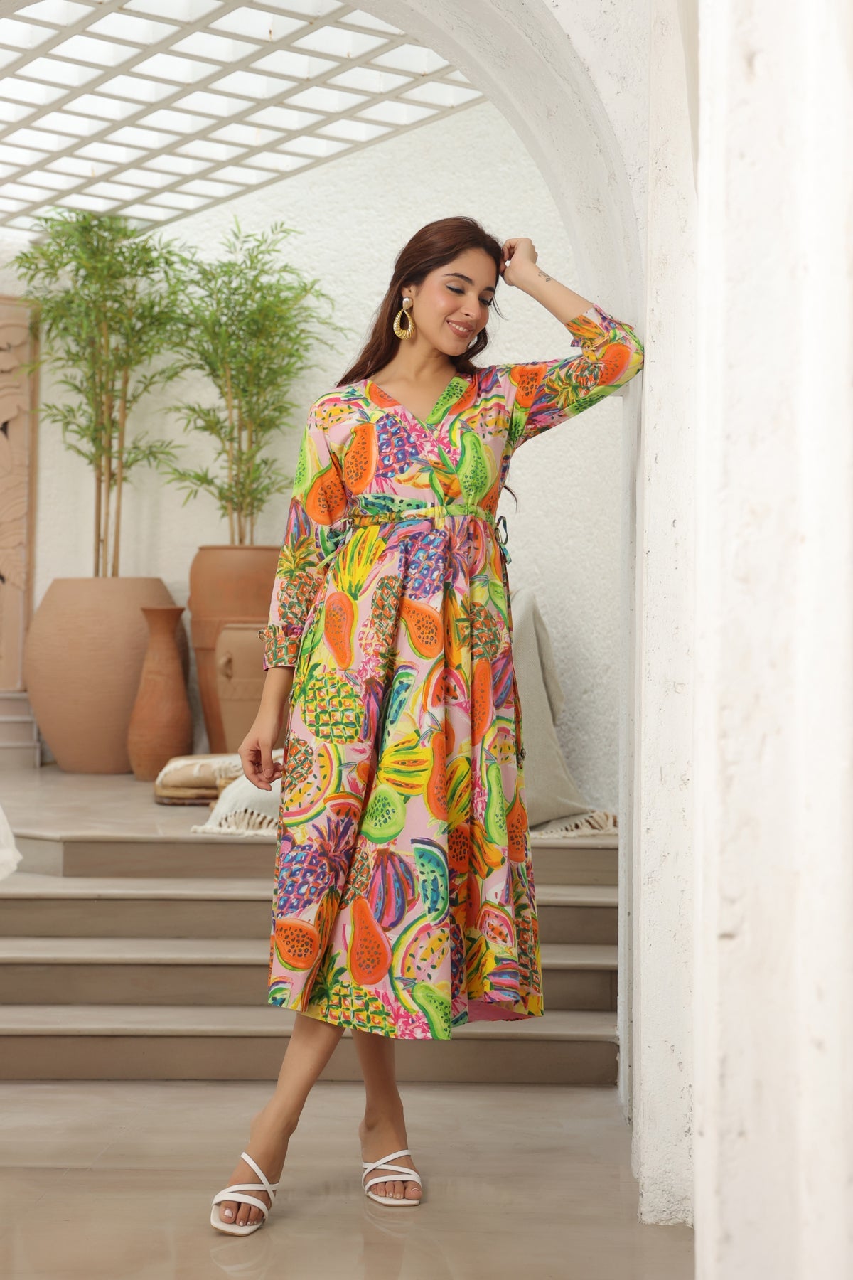 Printed Tie-Ups Detail Cotton Fit & Flared Midi Ethnic Dress