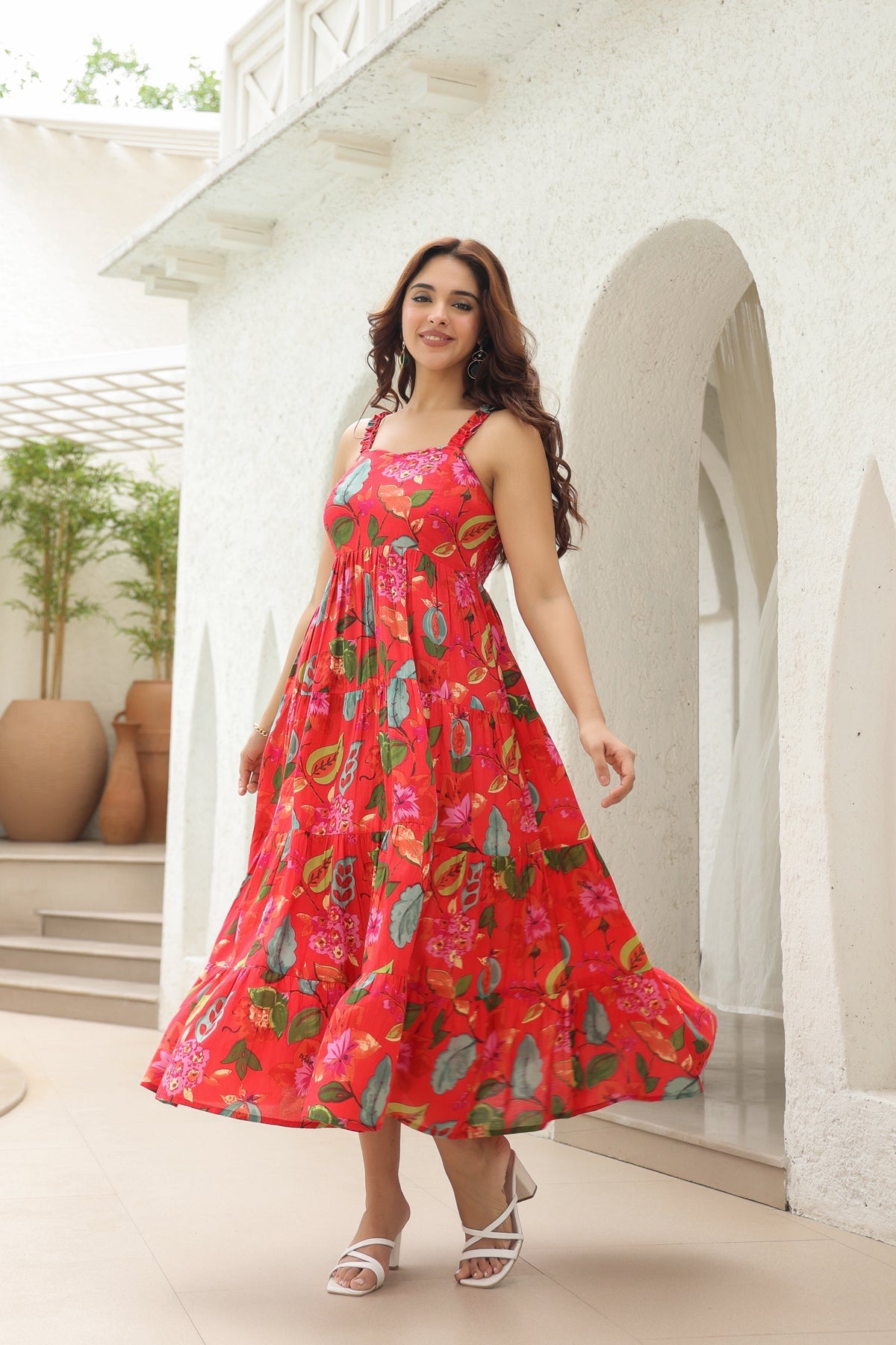 Women's Floral Printed Fit & Flare Midi Ethnic Dresses