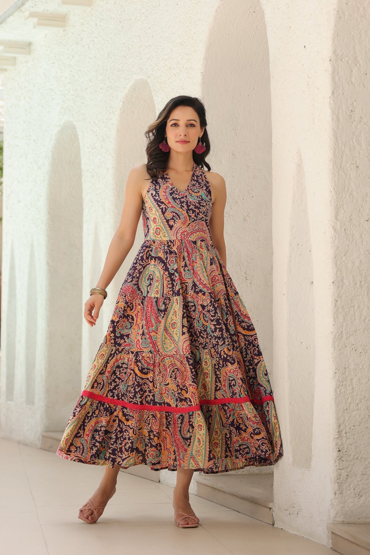 Paisley Printed Pure Cotton Fit & Flare Maxi Ethnic Dresses