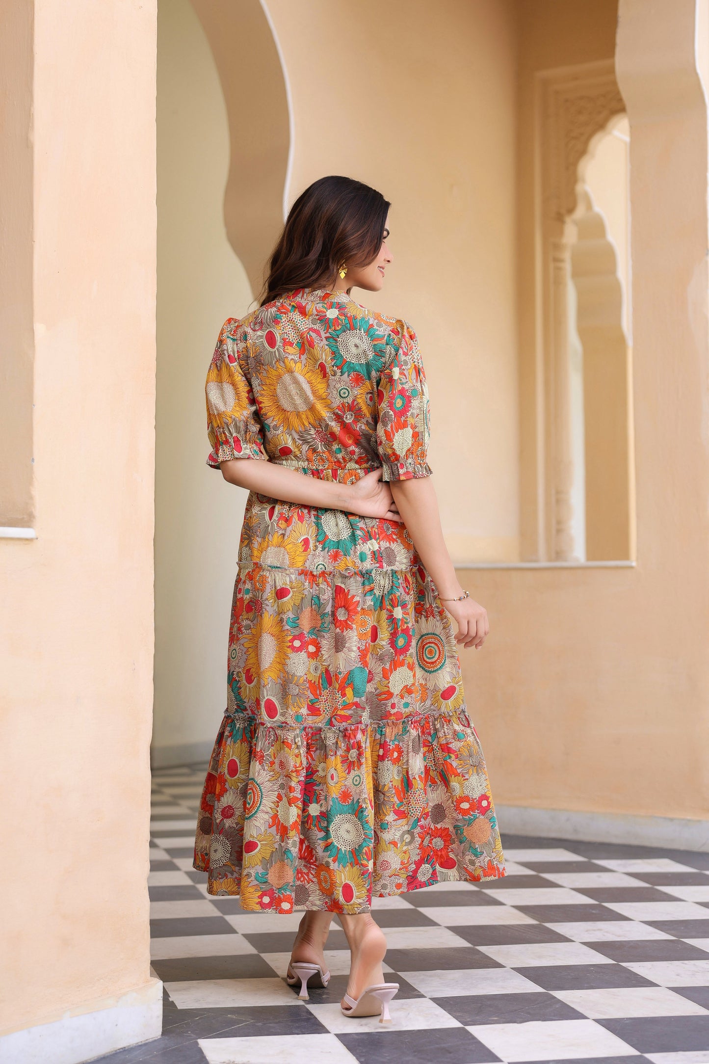 Women Floral Printed V-Neck Pure Cotton Ethnic Dresses