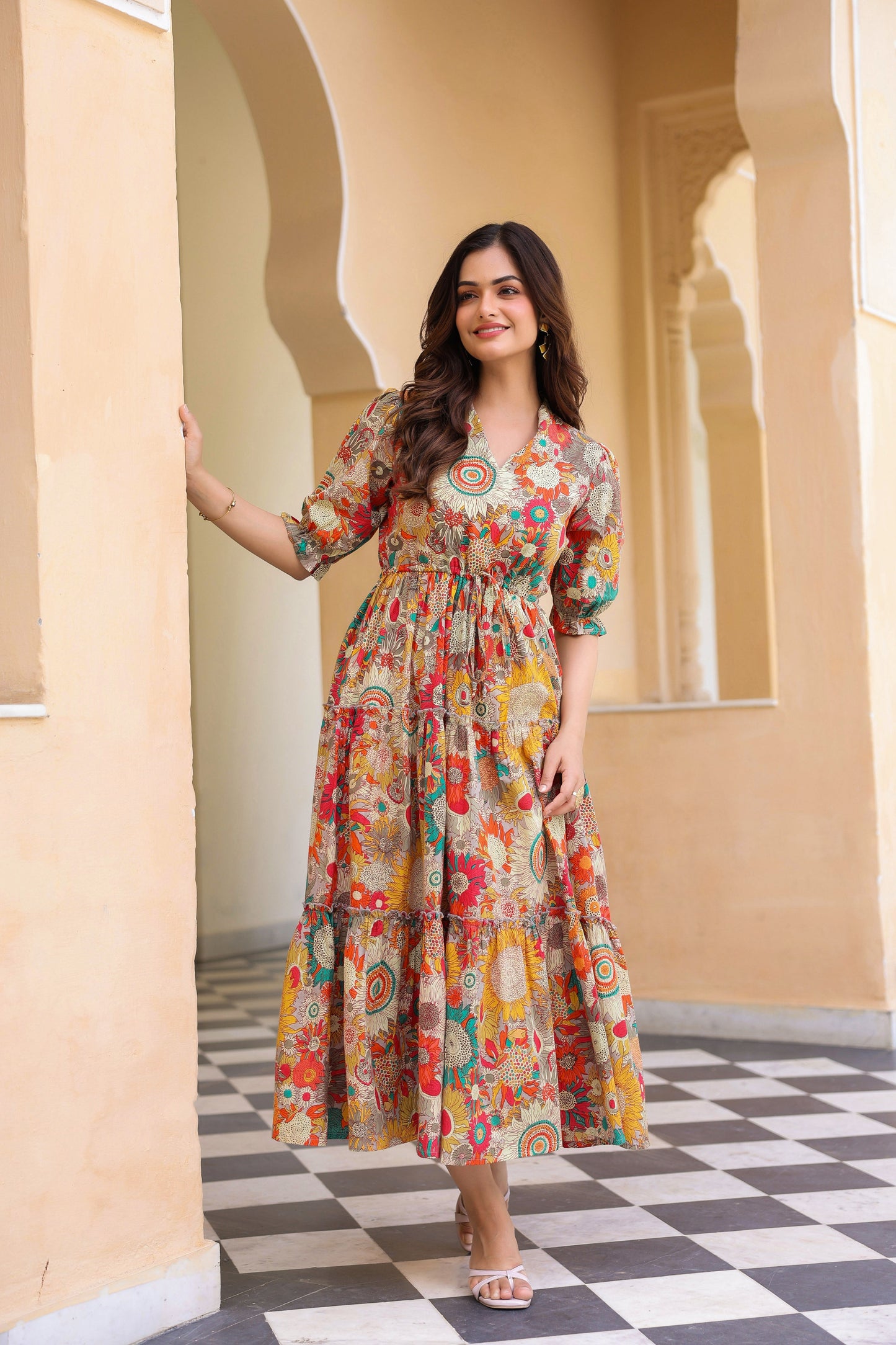 Women Floral Printed V-Neck Pure Cotton Ethnic Dresses