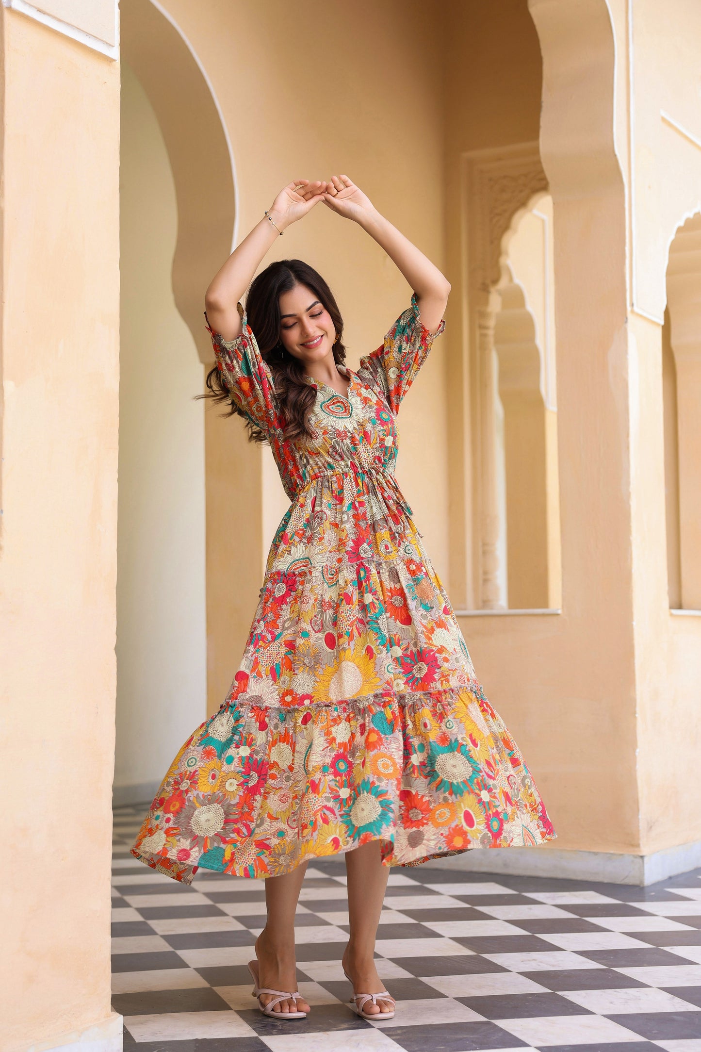 Women Floral Printed V-Neck Pure Cotton Ethnic Dresses