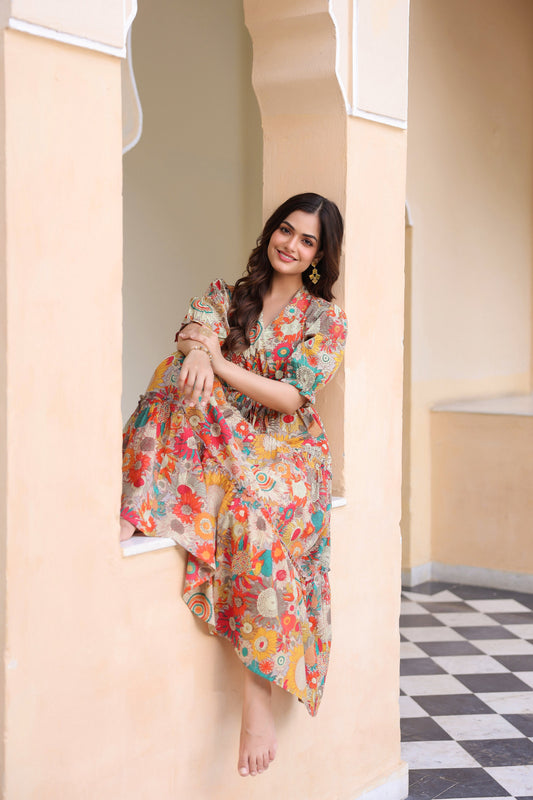 Women Floral Printed V-Neck Pure Cotton Ethnic Dresses