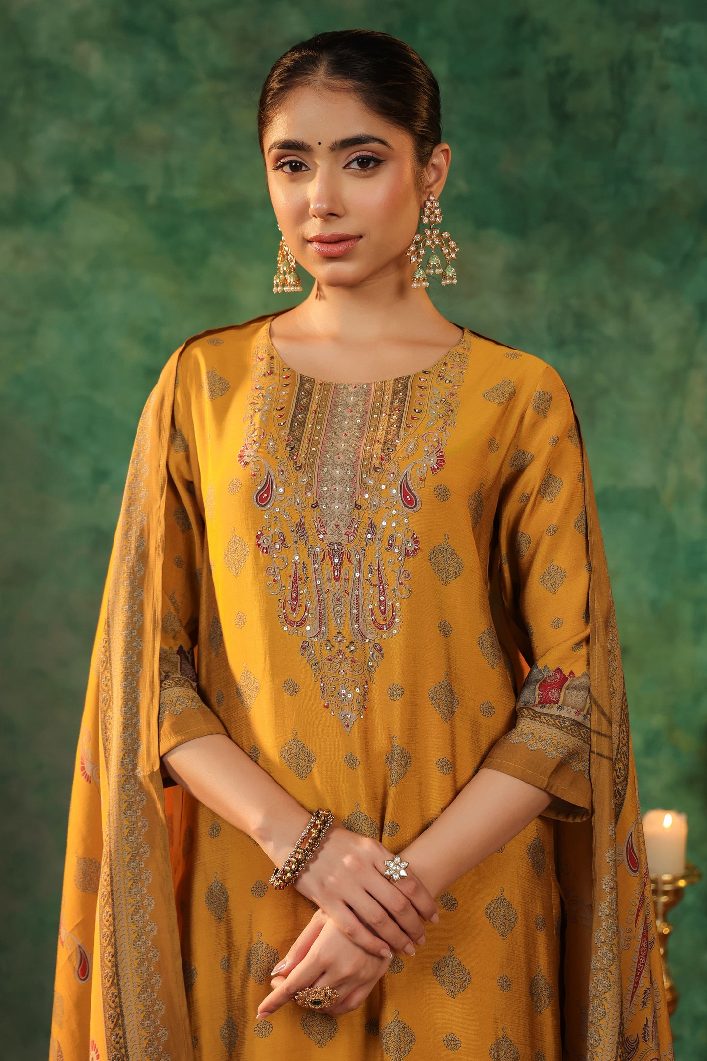 Ethnic Motifs Printed Straight Sequinned Kurta with Trousers & Dupatta