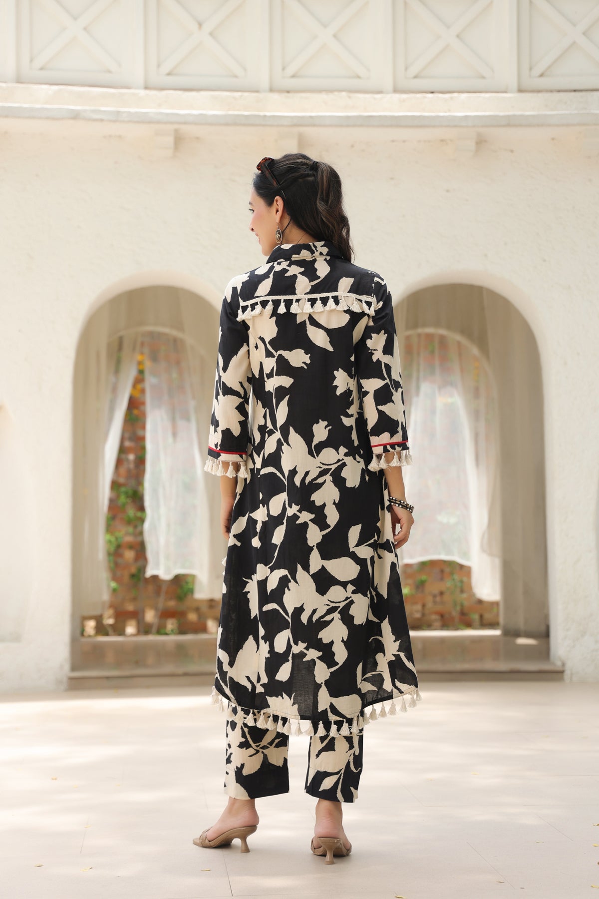 Floral Printed Shirt Collar Pure Cotton Tunic With Trousers