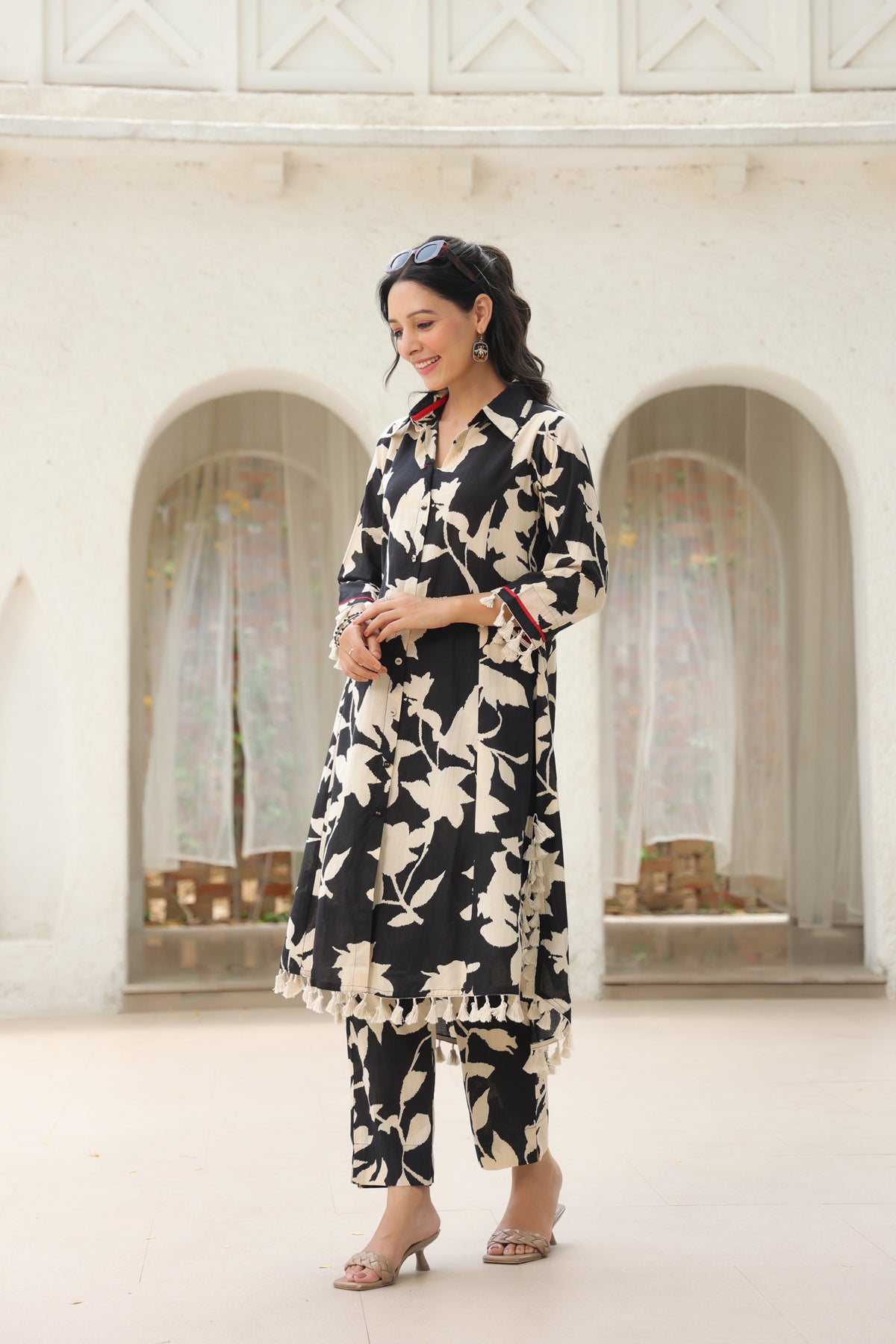 Floral Printed Shirt Collar Pure Cotton Tunic With Trousers