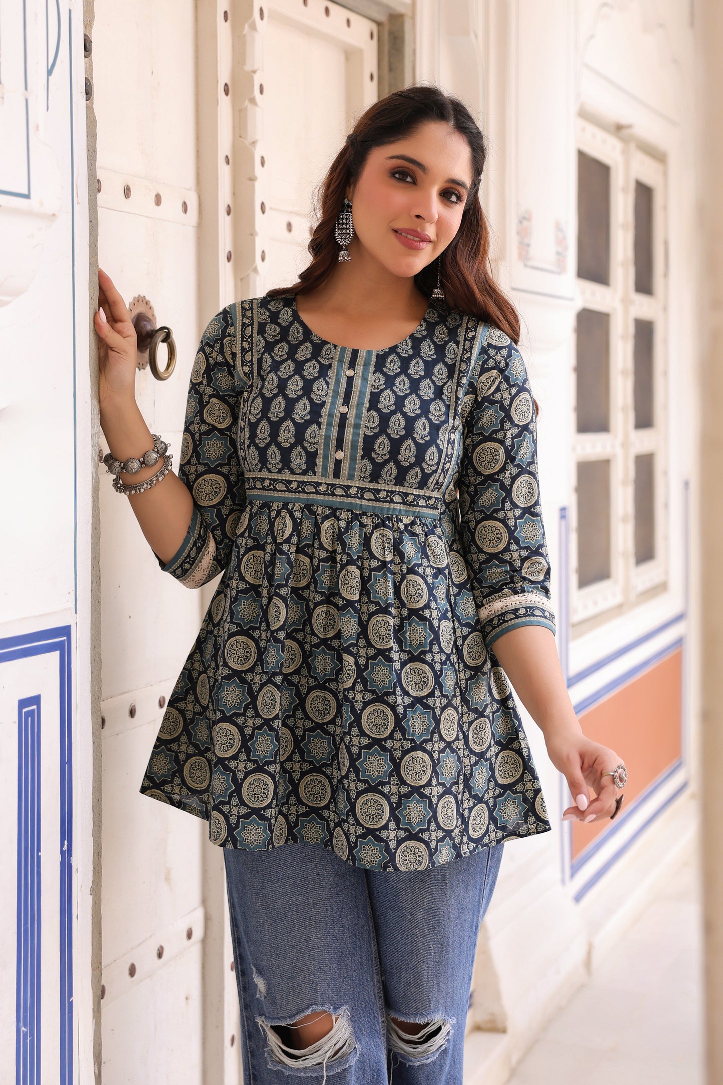 Women Ethnic Motifs Printed Pure Cotton Peplum Top