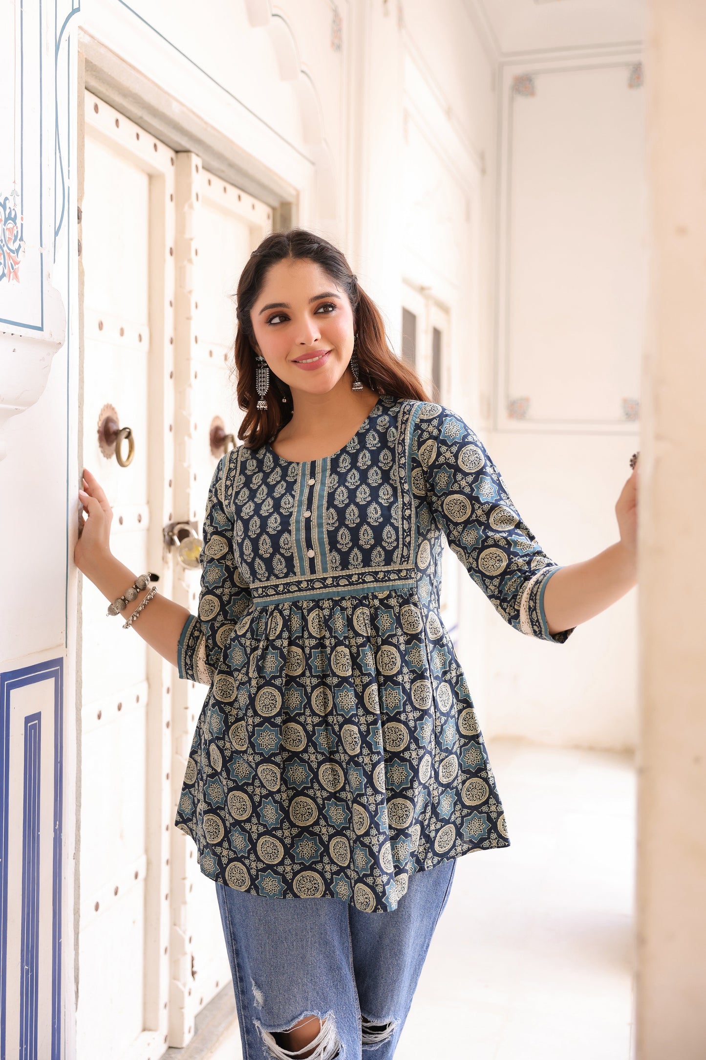 Women Ethnic Motifs Printed Pure Cotton Peplum Top