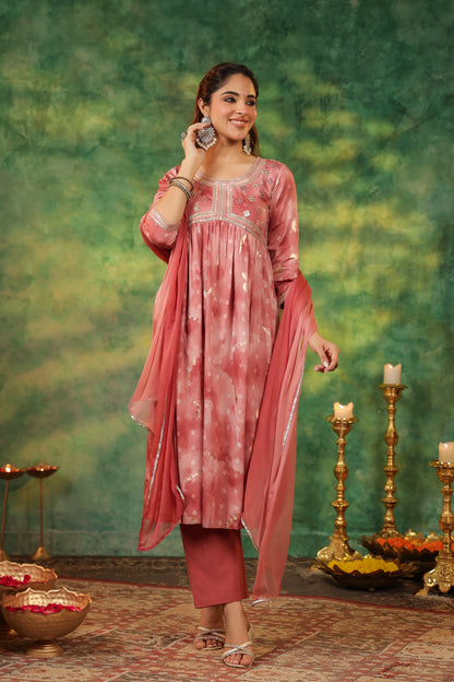 Bandhani Printed Pure Cotton Anarkali Kurta With Trousers & Dupatta