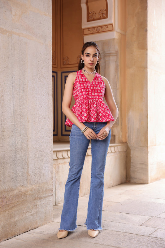 Women Printed V-Neck Cotton Peplum Top