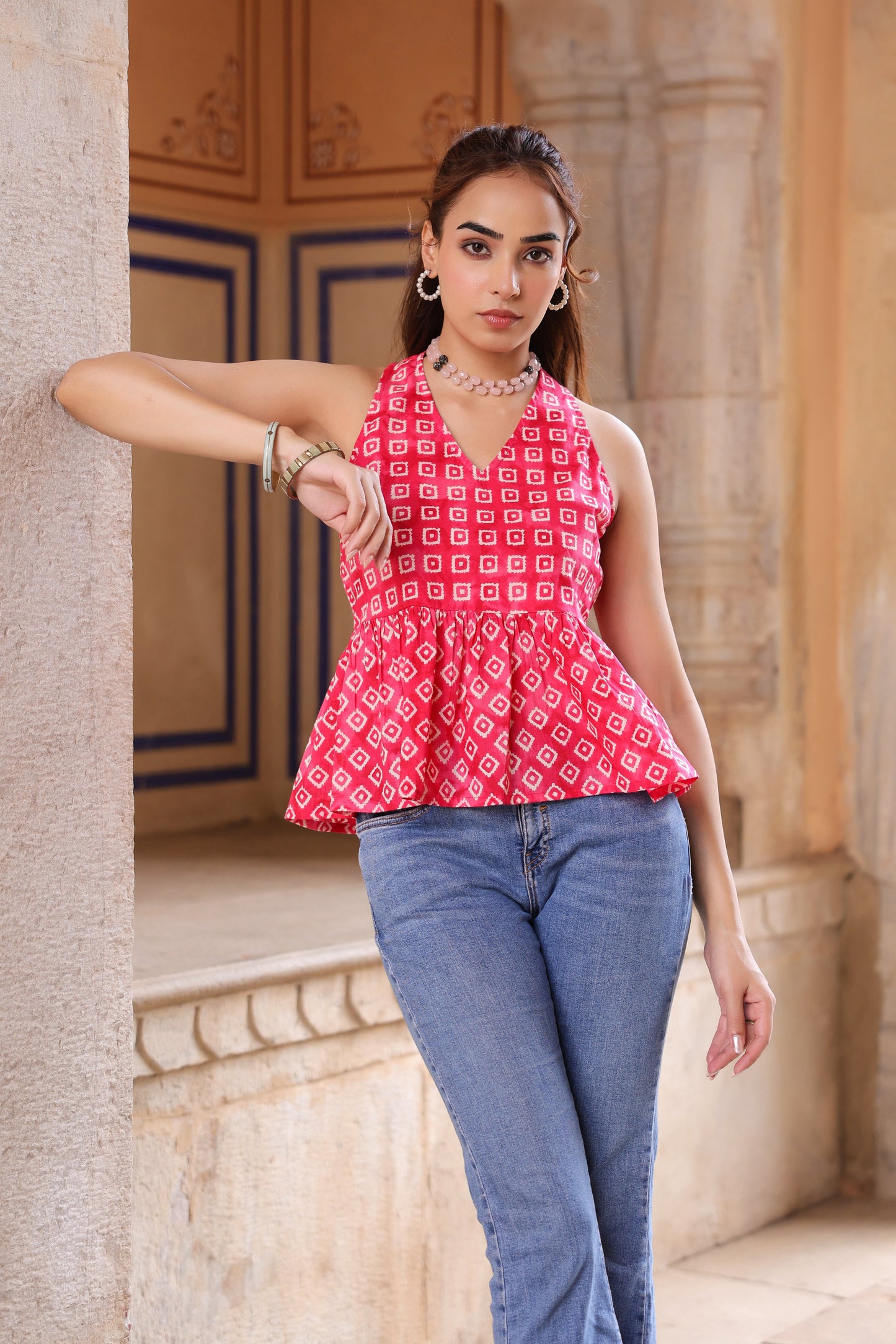 Women Printed V-Neck Cotton Peplum Top