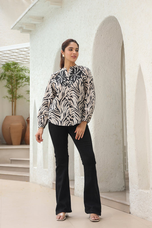 Print Mandarin Collar Puff Sleeve Cotton Shirt Style Top