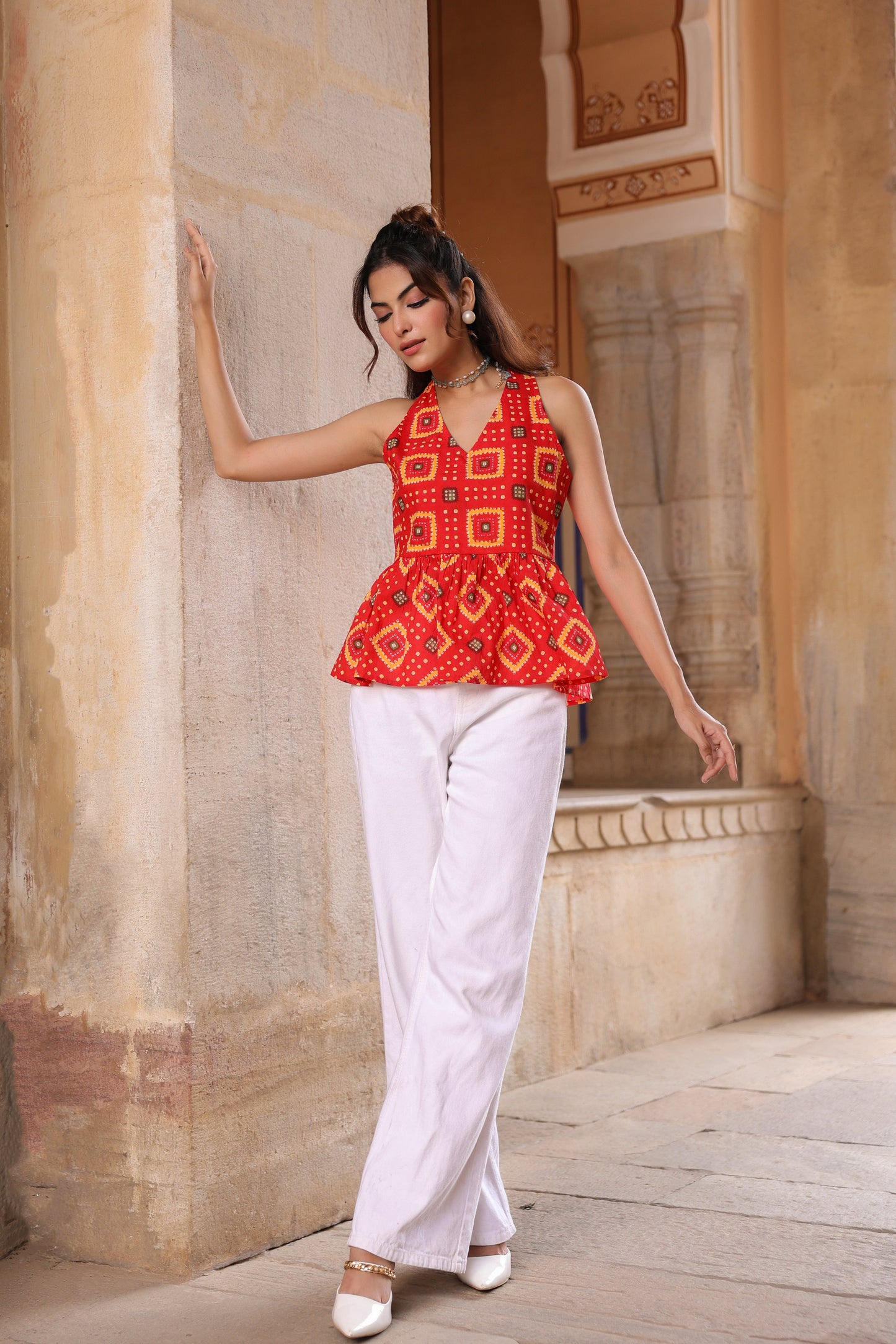 Women Printed Cotton Sleeveless Peplum Top