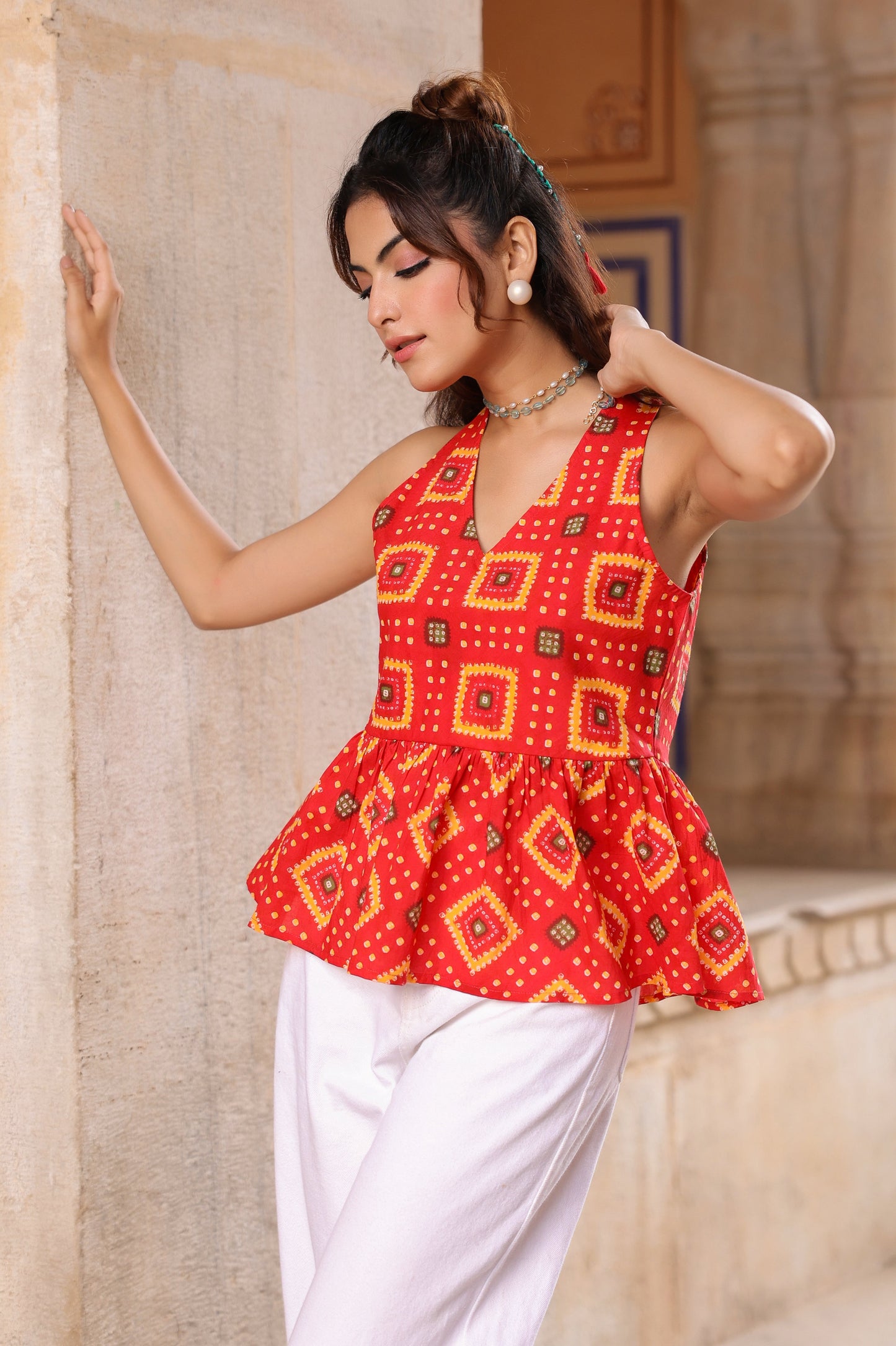 Women Printed Cotton Sleeveless Peplum Top