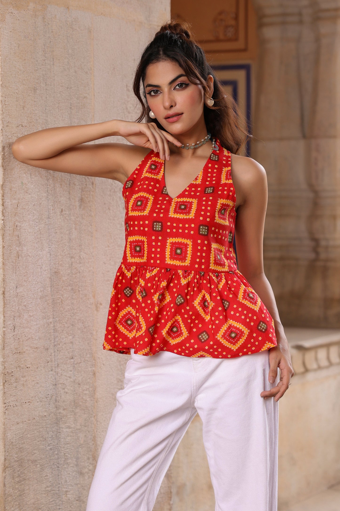 Women Printed Cotton Sleeveless Peplum Top