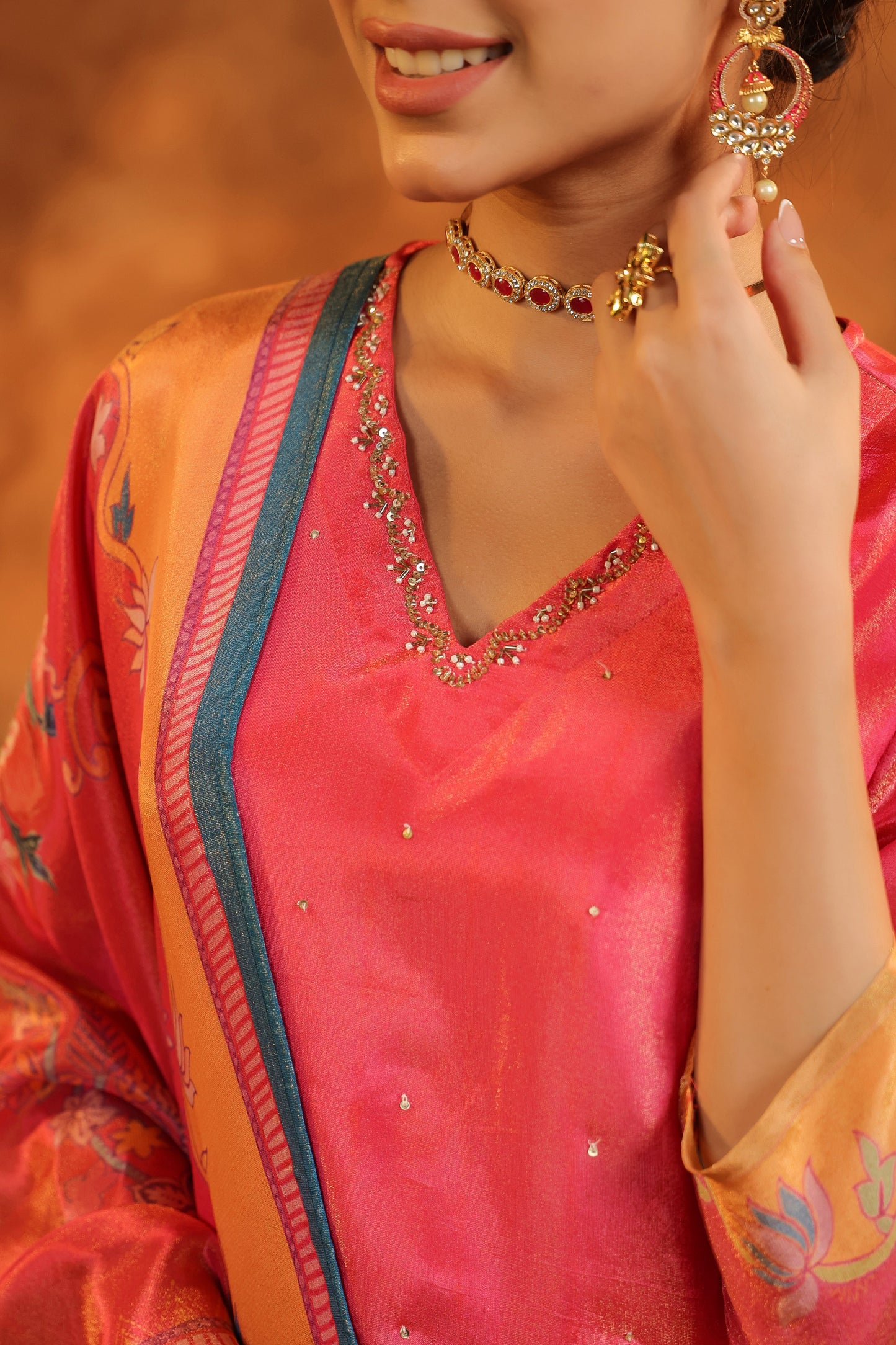 Ethnic Motifs Printed Straight Sequinned Kurta with Trousers & With Dupatta