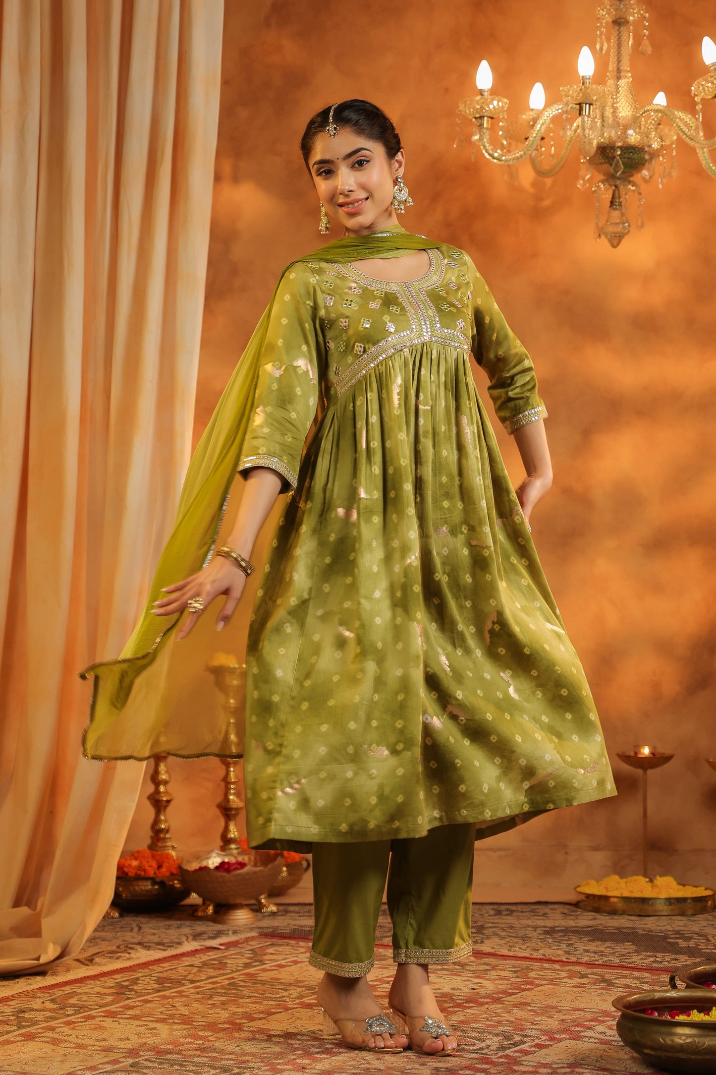Bandhani Printed Pure Cotton Anarkali Kurta with Trousers & Dupatta