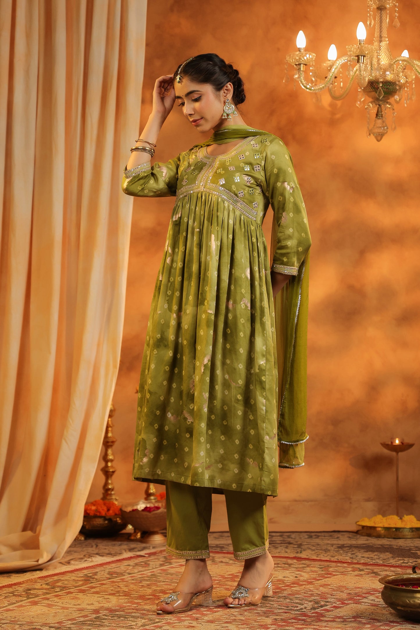 Bandhani Printed Pure Cotton Anarkali Kurta with Trousers & Dupatta