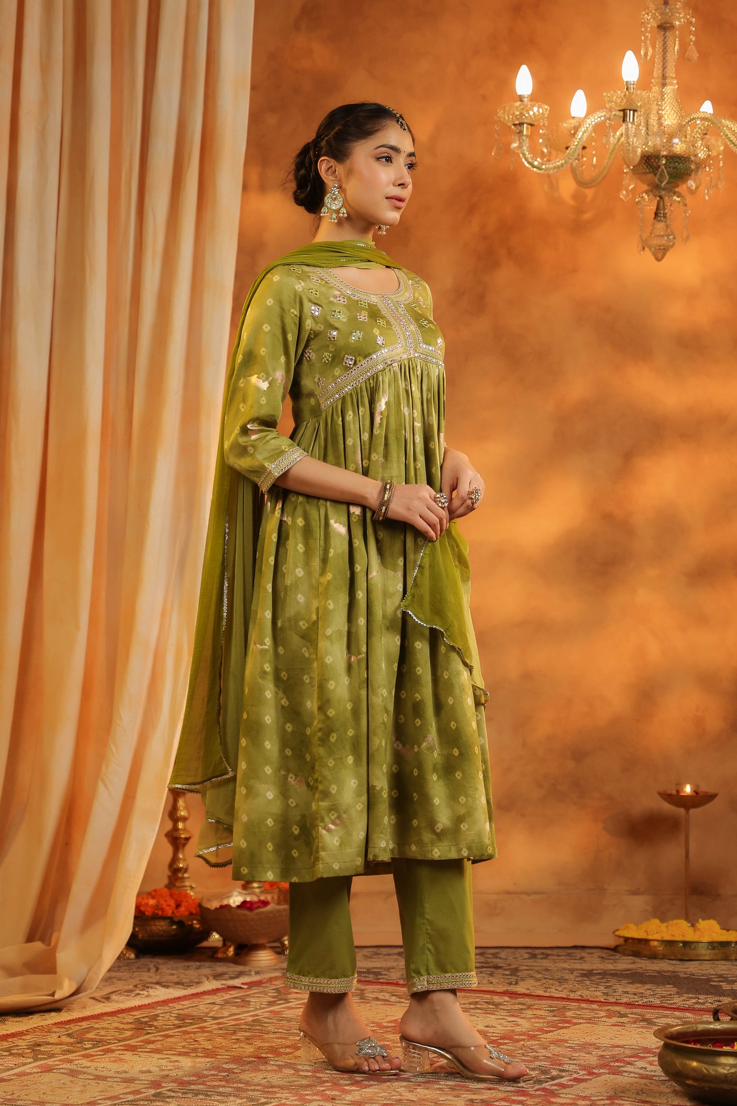Bandhani Printed Pure Cotton Anarkali Kurta with Trousers & Dupatta