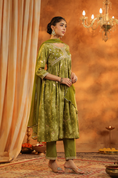 Bandhani Printed Pure Cotton Anarkali Kurta with Trousers & Dupatta