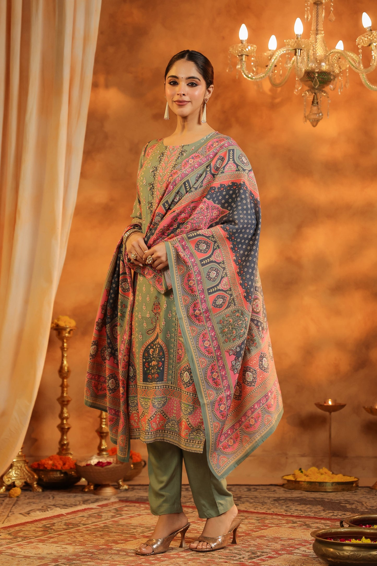 Ethnic Motifs Printed Sequinned Straight Kurta With Trousers & Dupatta