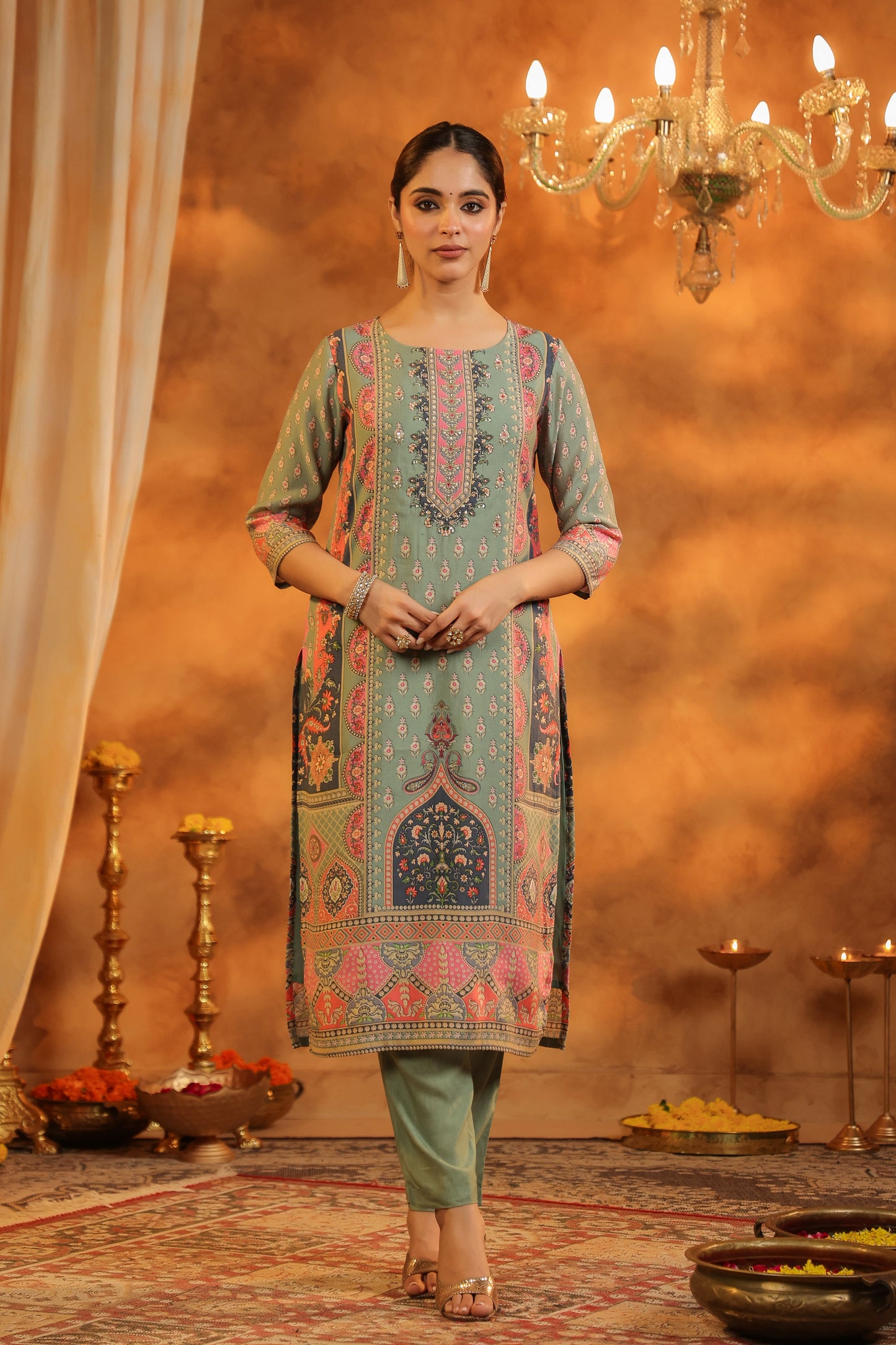 Ethnic Motifs Printed Sequinned Straight Kurta With Trousers & Dupatta