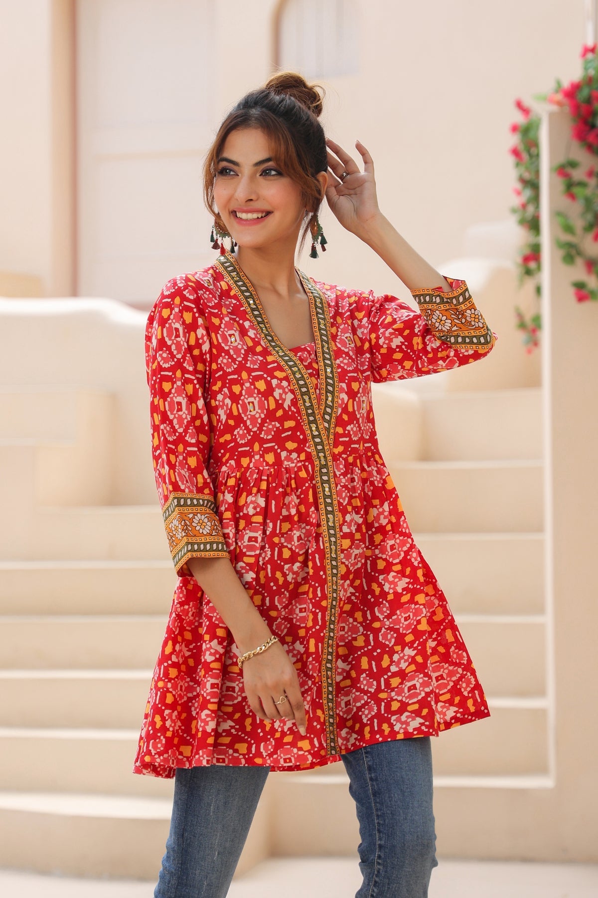 Floral Printed Cotton Empire Longline Top