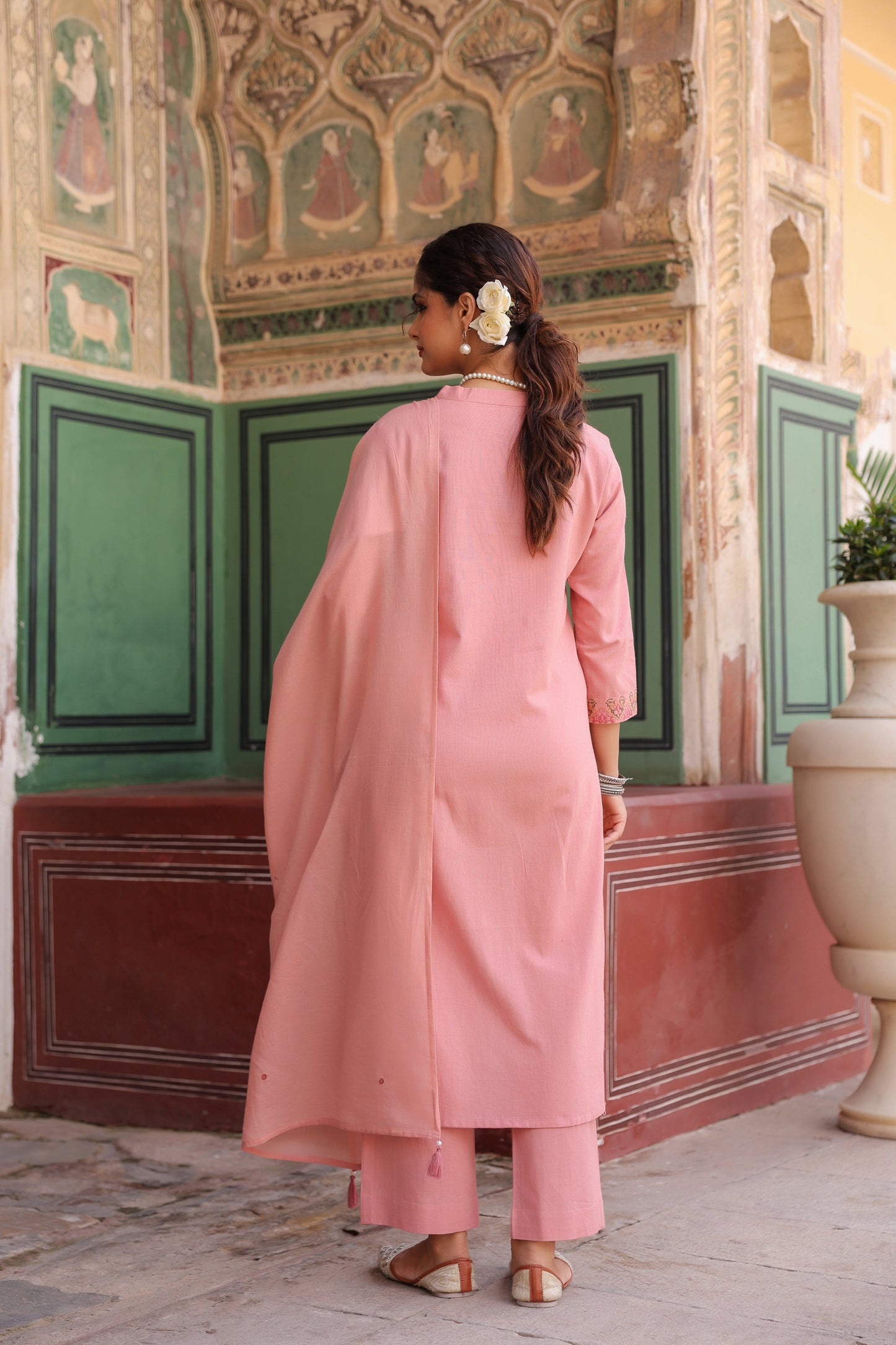 Floral Embroidered Thread Work Pure Cotton Kurta With Trousers & Dupatta