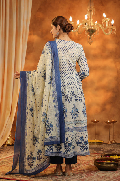 Floral Printed Pure Cotton Kurta With Trousers & Dupatta