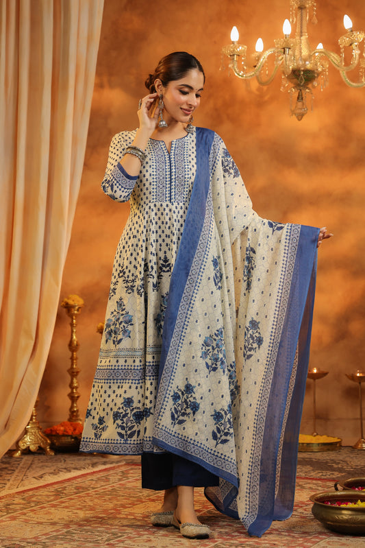 Floral Printed Pure Cotton Kurta With Trousers & Dupatta