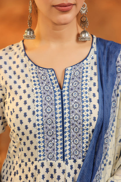 Floral Printed Pure Cotton Kurta With Trousers & Dupatta