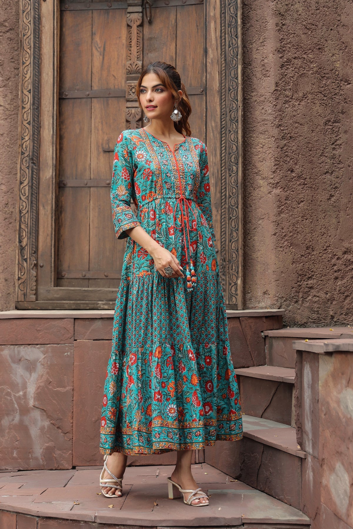 Women Green & Red Ethnic Pure Cotton A-Line Long Dress