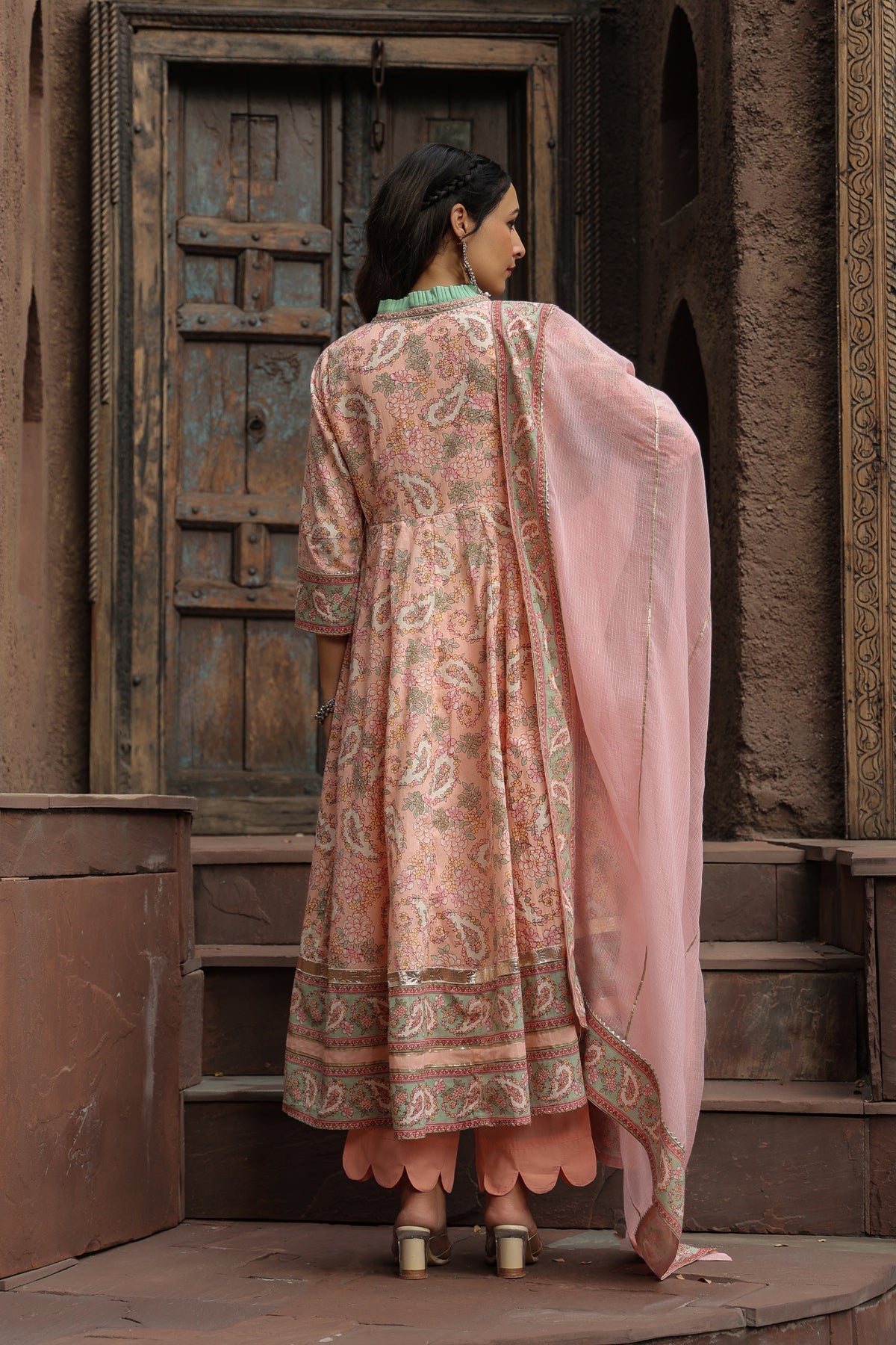 Paisley Printed Pure Cotton Anarkali Kurta With Trouser & Dupatta