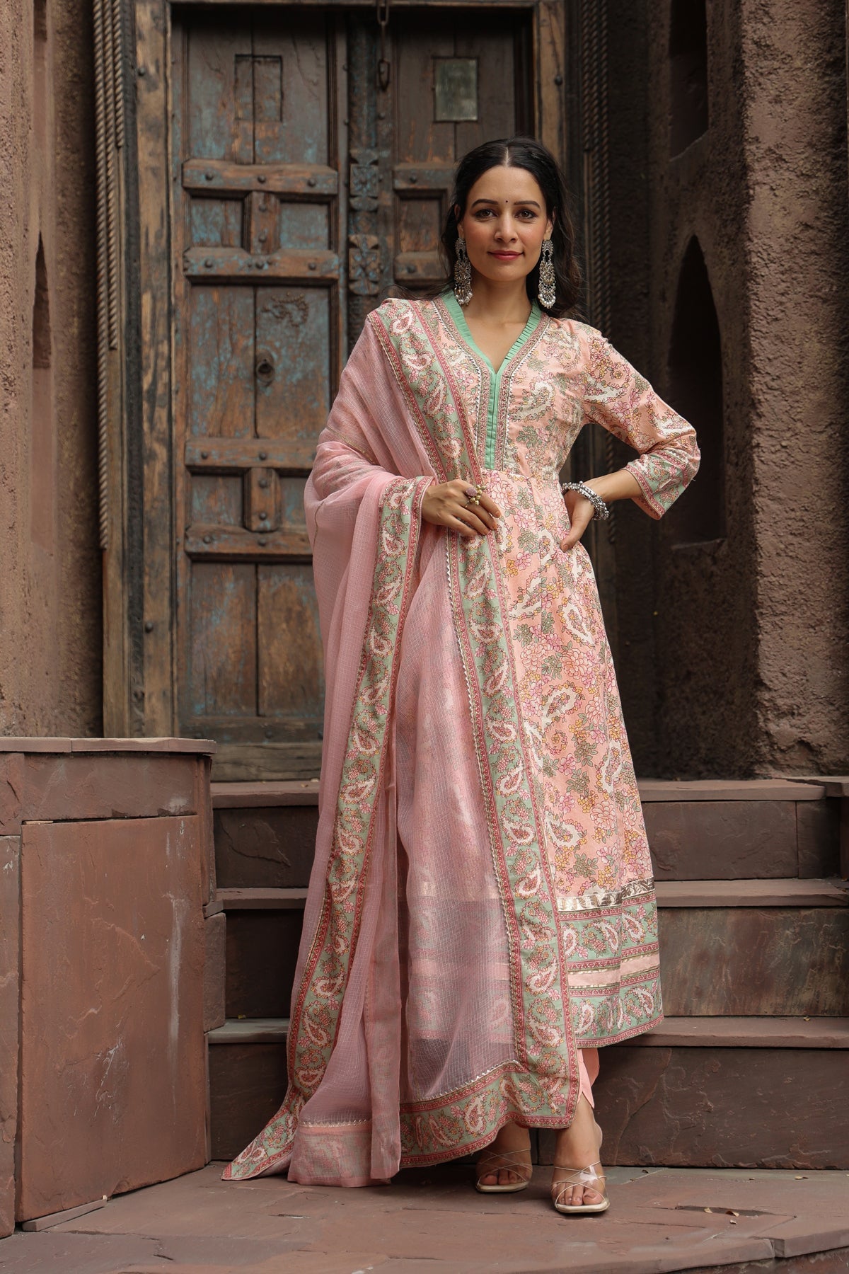 Paisley Printed Pure Cotton Anarkali Kurta With Trouser & Dupatta
