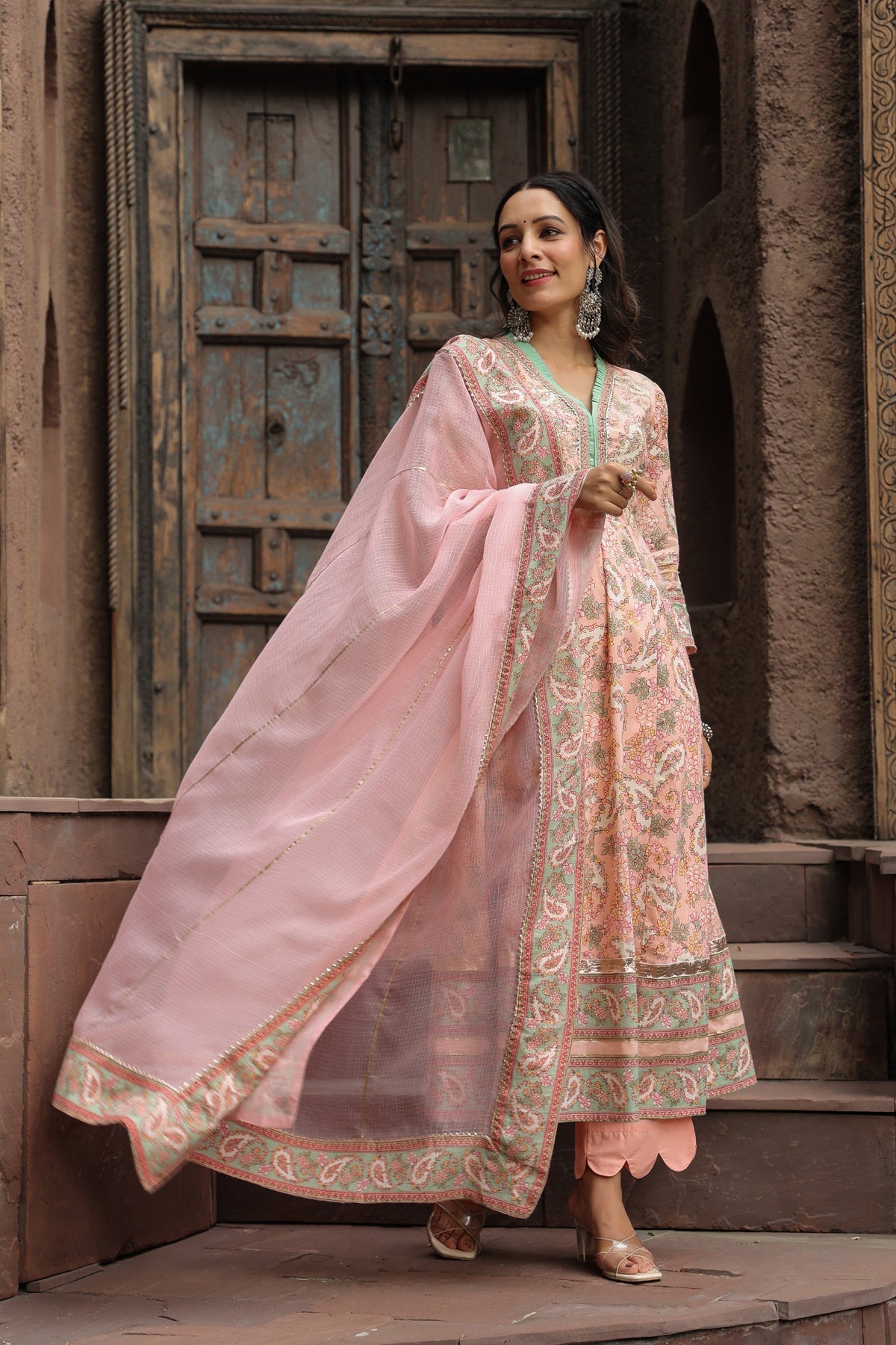 Paisley Printed Pure Cotton Anarkali Kurta With Trouser & Dupatta