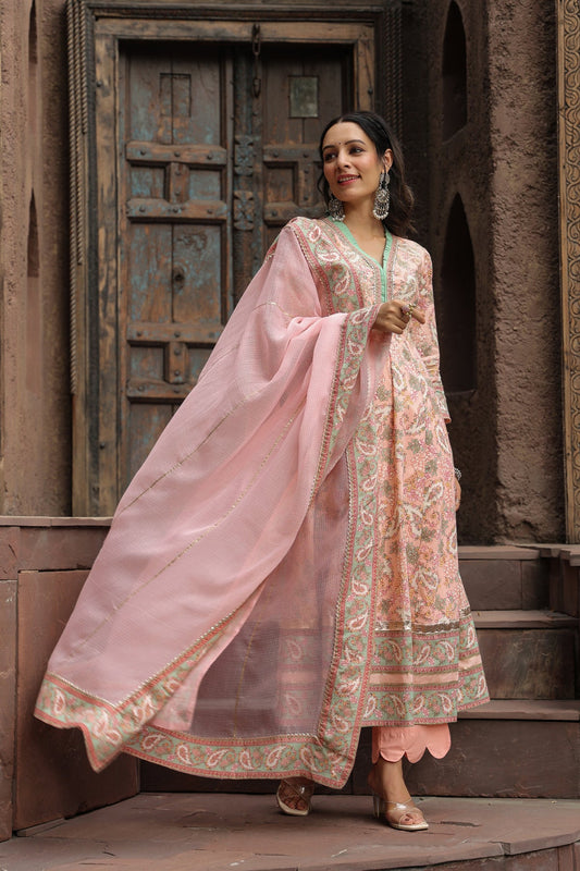 Paisley Printed Pure Cotton Anarkali Kurta With Trouser & Dupatta