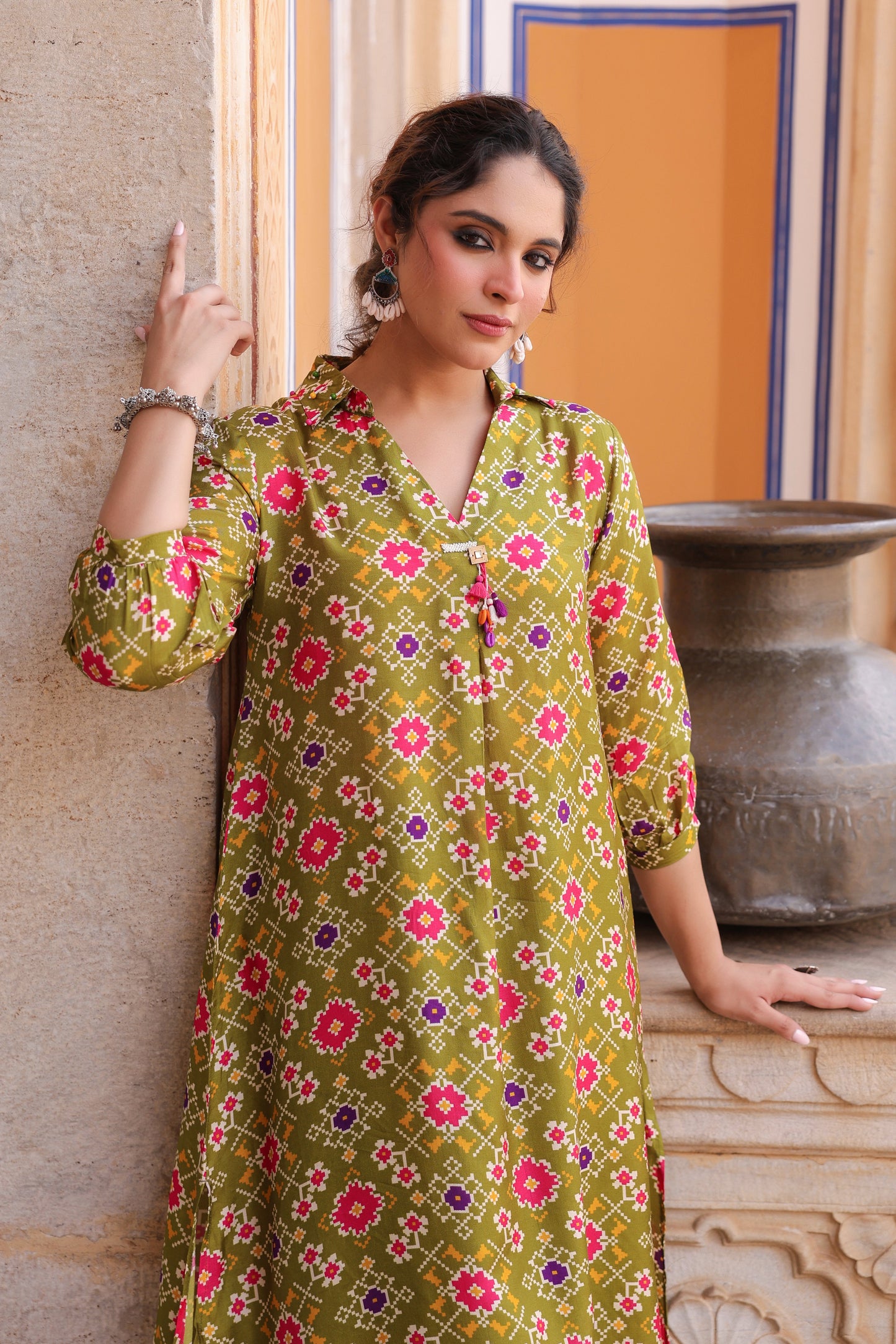 Printed V-Neck Three-Quarter Sleeves Tunic With Trouser