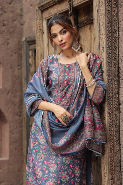 Floral Printed Beads And Stones Straight Kurta With Trousers & Dupatta