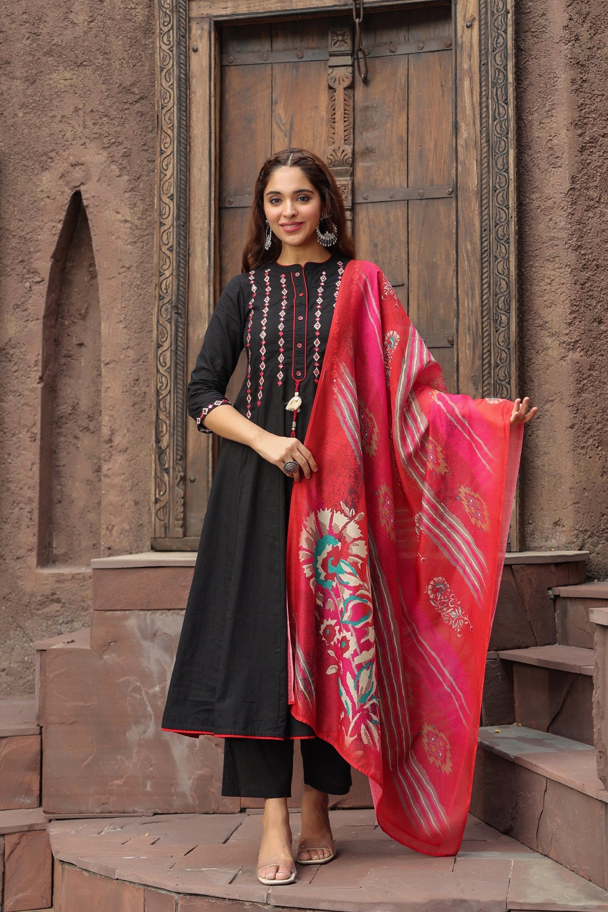 Yoke Design Chanderi Cotton A-Line Kurta with Palazzos & Dupatta