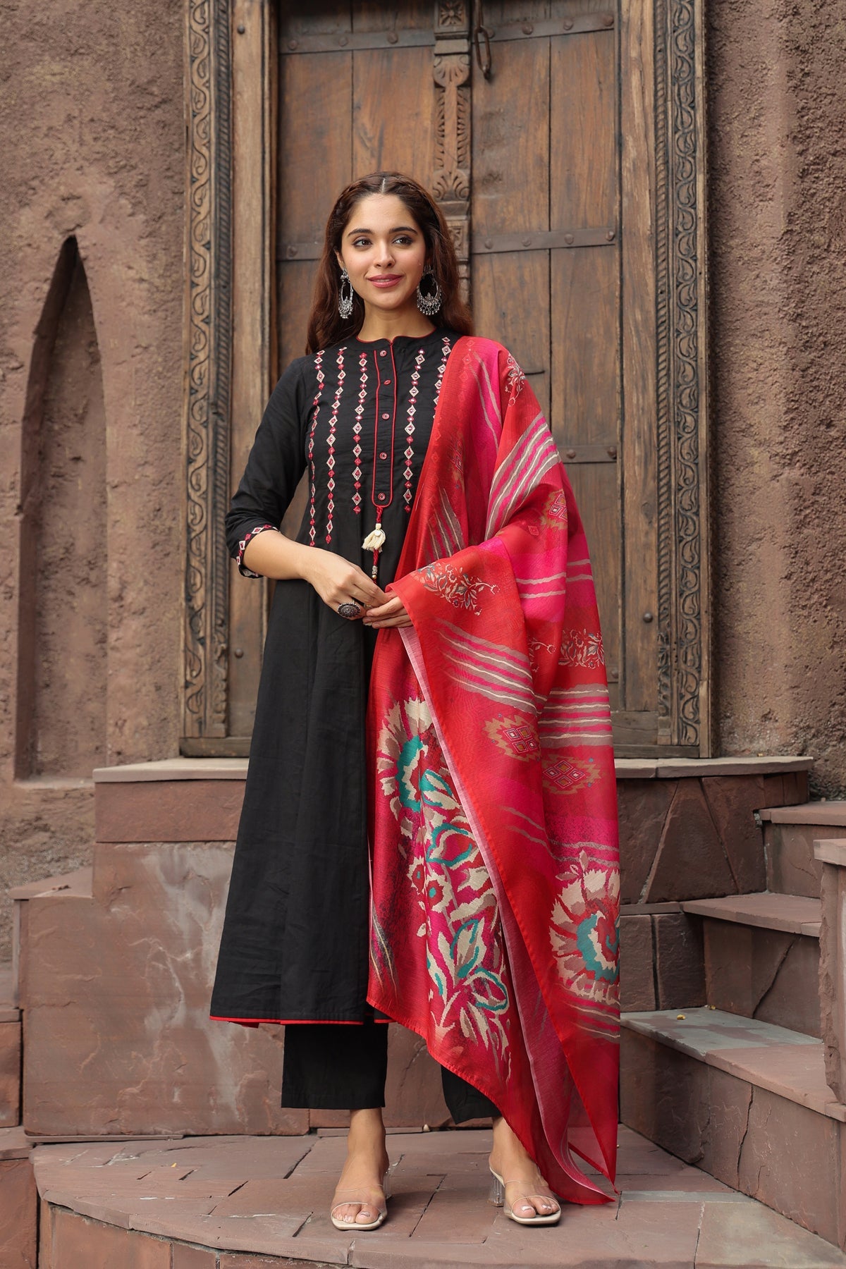 Yoke Design Chanderi Cotton A-Line Kurta with Palazzos & Dupatta