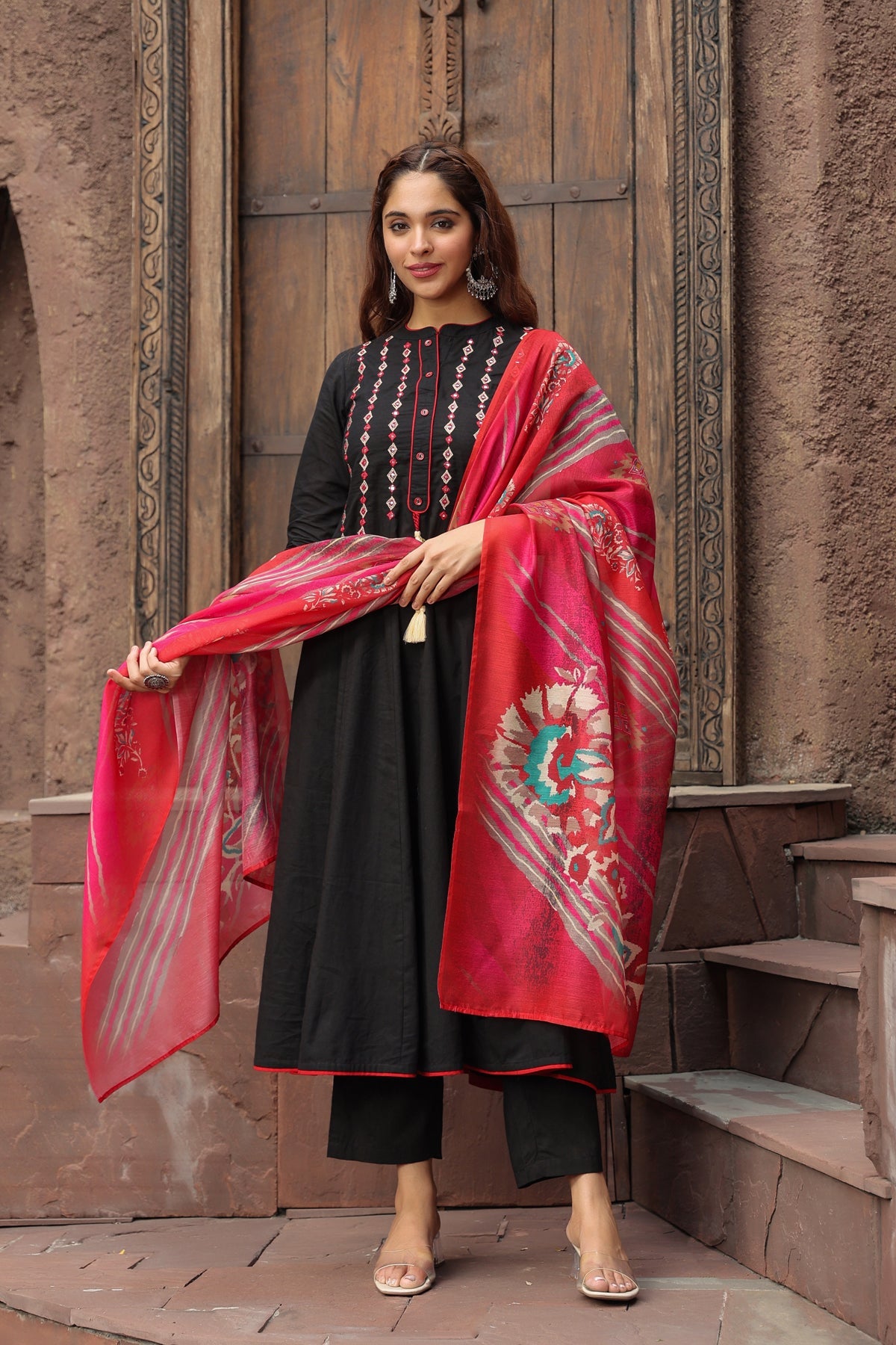 Yoke Design Chanderi Cotton A-Line Kurta with Palazzos & Dupatta