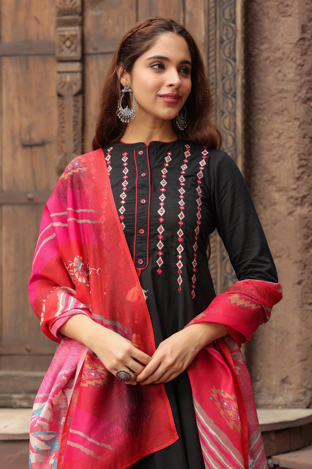 Yoke Design Chanderi Cotton A-Line Kurta with Palazzos & Dupatta