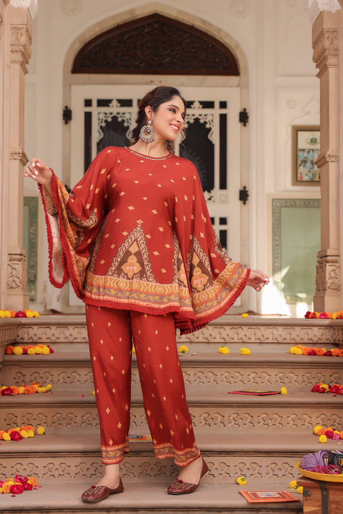 Printed Round Neck Tunic With Trouser Co-Ords