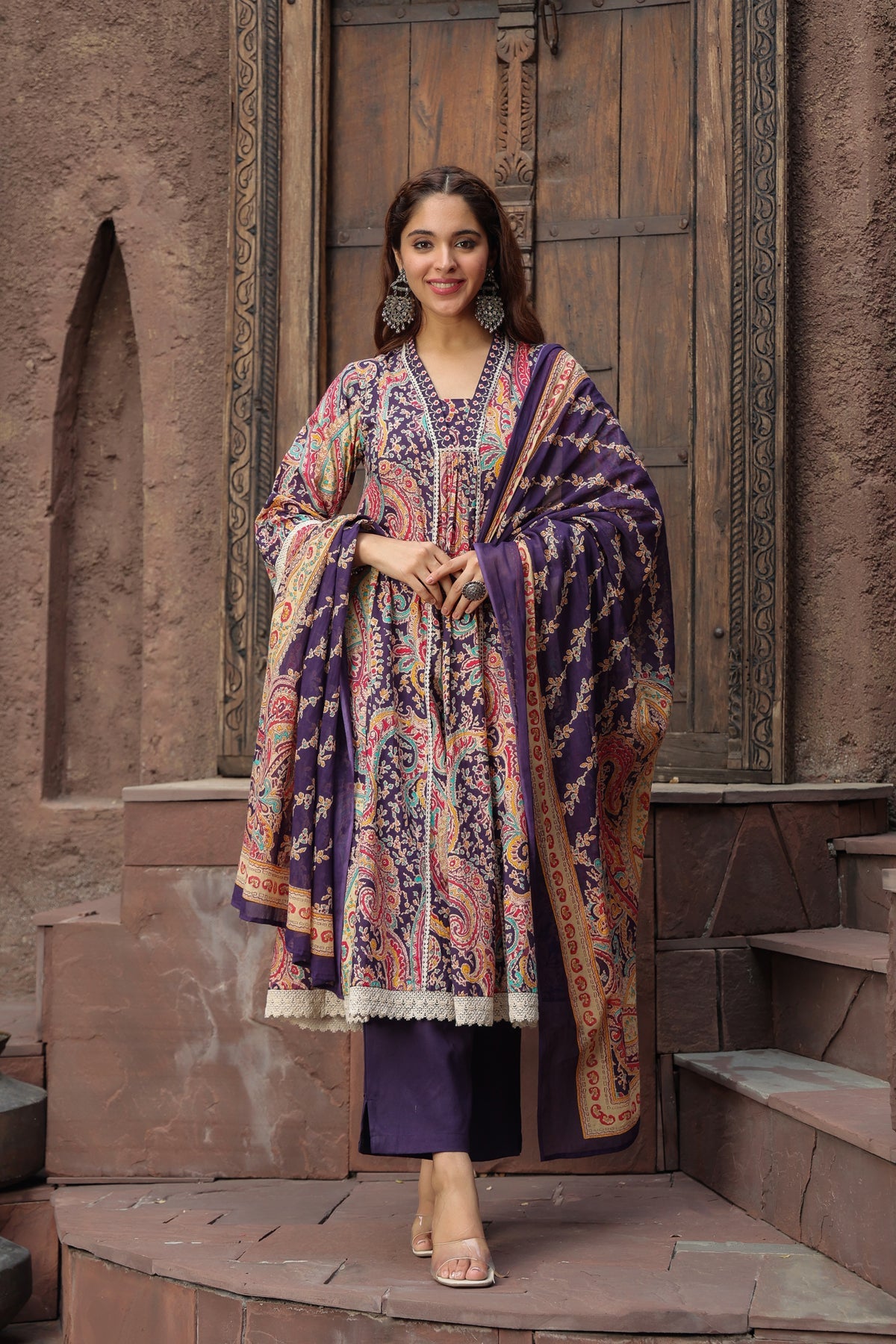 Paisley Printed Thread Work Pure Cotton Kurta with Trousers & Dupatta