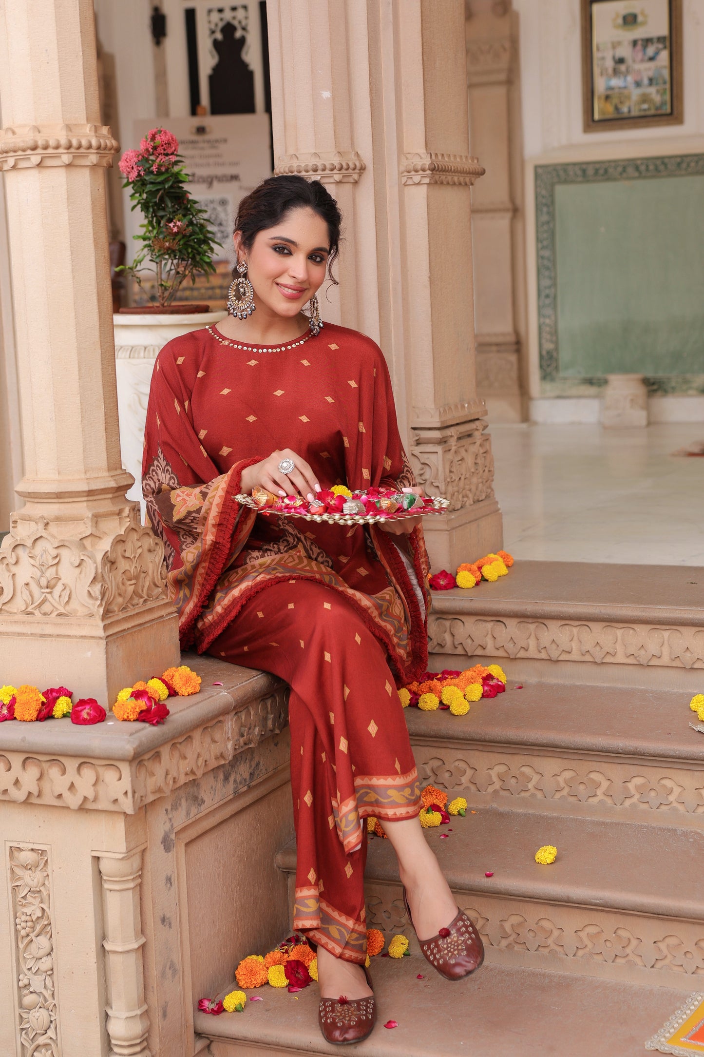 Printed Round Neck Tunic With Trouser Co-Ords