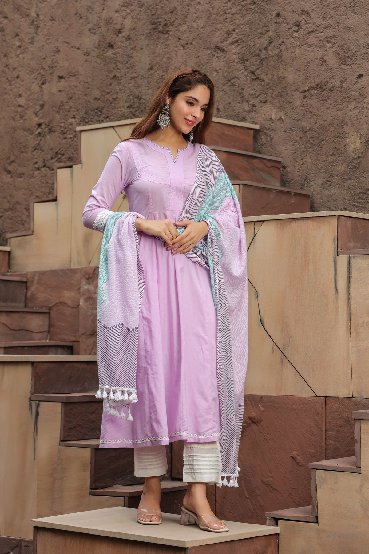 Notch Neck Thread Work Pure Cotton Anarkali Kurta with Trousers & Dupatta