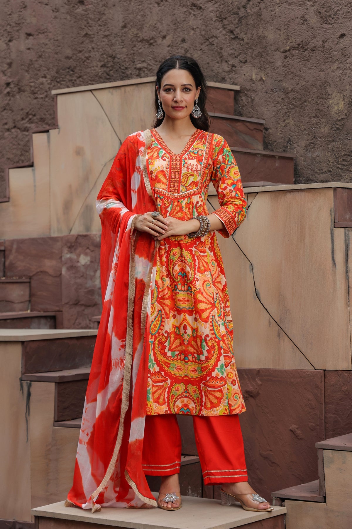 Printed Gotta Patti Pure Cotton A-Line Kurta with Trousers & Dupatta